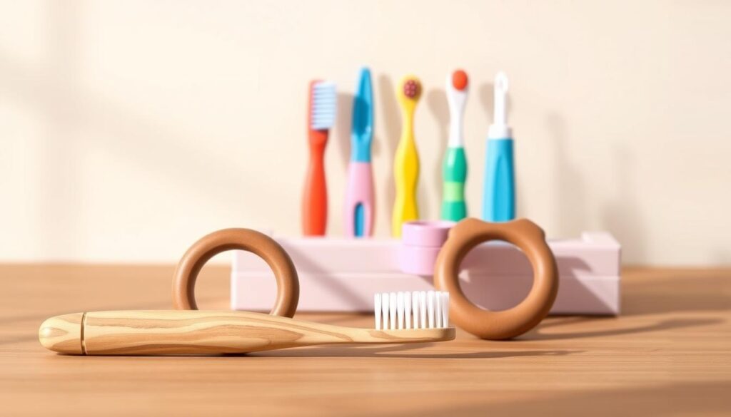 A beautifully designed, high-quality baby dental care product set, showcased in a warm, natural light setting. In the foreground, an elegant, wooden-handled toothbrush, soft-bristled for gentle cleaning, rests alongside a matching, BPA-free silicone teething ring. In the middle ground, a set of colorful, child-safe dental tools - a finger toothbrush, gum massager, and dental floss - are arranged neatly. The background features a soothing, pastel-toned backdrop, evoking a sense of comfort and care. The overall composition exudes a sense of quality, practicality, and attention to the specific needs of a baby's delicate oral health.