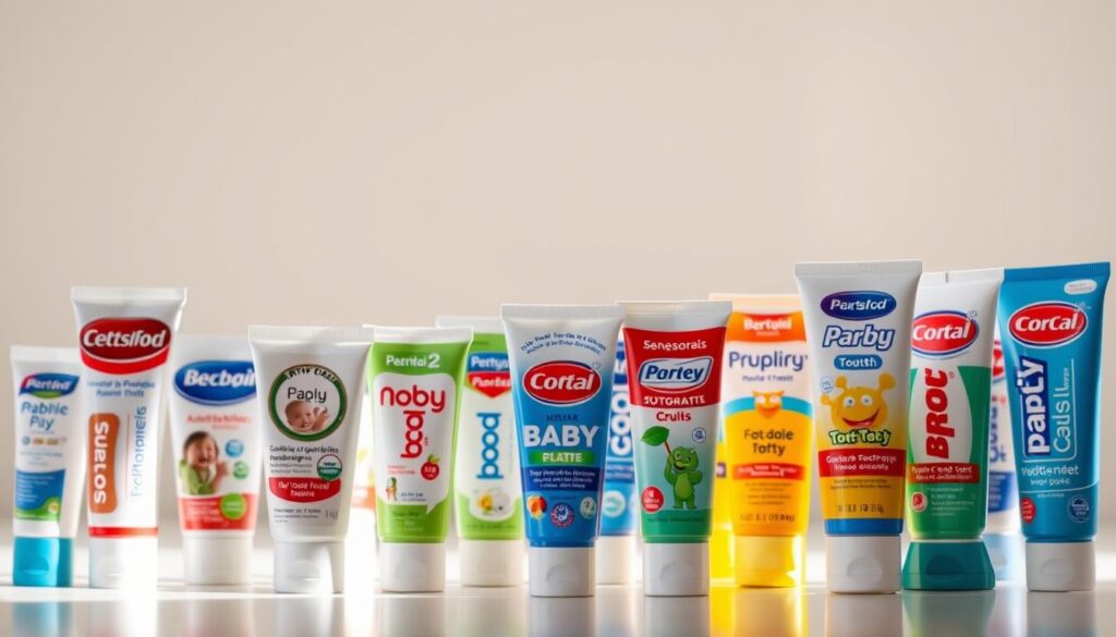 A brightly lit, close-up photograph of a variety of top-rated baby toothpaste tubes arranged in the foreground. The toothpaste tubes are displayed in an eye-catching, visually appealing manner, showcasing their vibrant colors, playful designs, and child-friendly labeling. The middle ground features a clean, minimalist background, allowing the toothpaste tubes to be the focal point. The lighting is soft and natural, creating a warm, inviting atmosphere that conveys the importance of proper dental care for infants and toddlers. The image captures the high-quality, safe, and effective nature of these leading baby toothpaste products.
