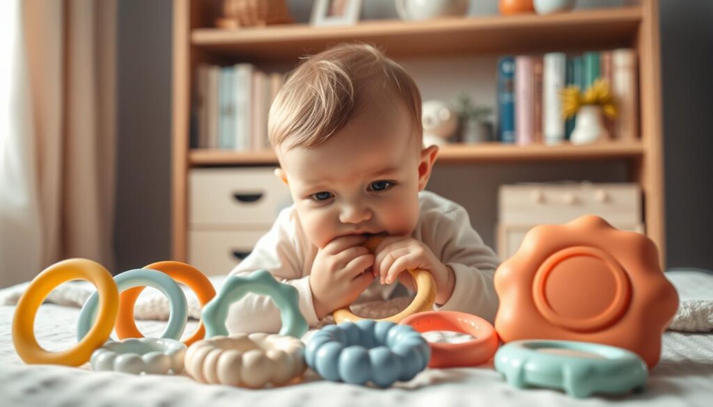 A cozy, warm-lit nursery scene. In the foreground, an array of baby teething remedies - silicone teething rings, chilled fruit-flavored teethers, and soothing gum massagers. Soft, muted colors, with gentle shadows and highlights creating a calming atmosphere. In the middle ground, a curious baby chewing intently on a textured teething toy, face scrunched in concentration. The background features a wooden bookshelf stocked with parenting guides and pastel-hued decor, suggesting a nurturing, thoughtful environment. Subtle, natural lighting illuminates the scene, casting a comforting glow. The overall composition conveys a sense of care, comfort, and relief for a teething infant.