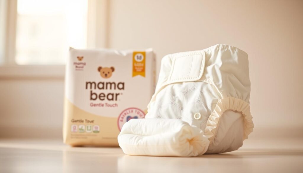 A high-quality image of the Amazon Brand Mama Bear Gentle Touch Diapers. In the foreground, the diaper package is prominently displayed, showcasing the iconic Mama Bear logo and the "Gentle Touch" branding. The package has a clean, modern design with a soft, pastel color palette. In the middle ground, the diaper itself is partially unfolded, revealing the soft, absorbent material and the delicate texture. The background is a bright, well-lit setting, with a subtle gradient that creates a sense of depth and focus on the diaper product. The lighting is warm and natural, highlighting the quality and attention to detail in the Mama Bear diaper design. The overall mood is one of comfort, care, and attention to the needs of both babies and parents.