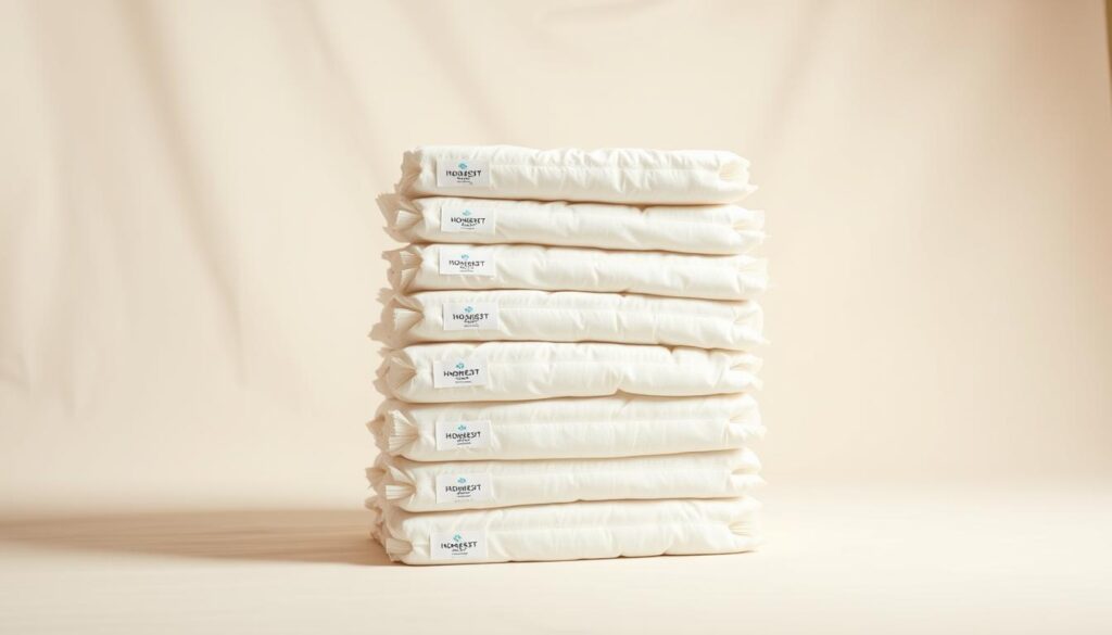 A high-quality, well-designed image of a stack of The Honest Company Super Club Box Diapers, shot in a well-lit, minimalist studio setting. The diapers are neatly arranged, showcasing their sleek, modern design and premium materials. The lighting is soft and diffused, creating a warm, inviting atmosphere. The camera angle is slightly elevated, providing a clean, unobstructed view of the product. The background is a simple, off-white seamless backdrop, allowing the diapers to be the central focus. The overall mood is one of quality, reliability, and attention to detail, reflecting the premium nature of the product.