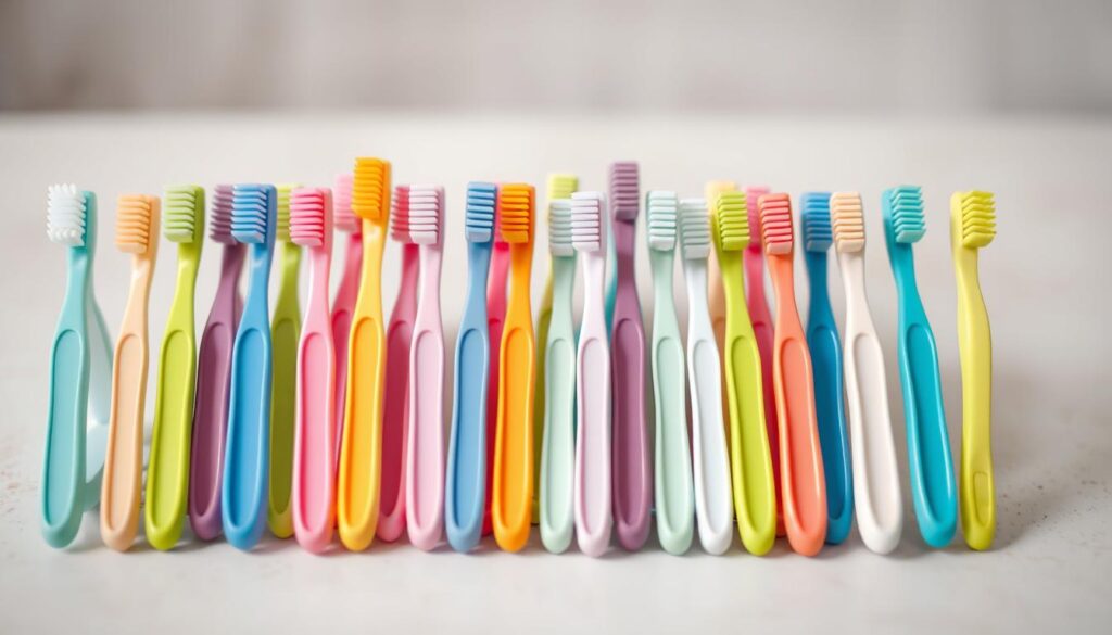 A neatly arranged assortment of colorful, soft-bristled baby toothbrushes in various pastel shades, meticulously displayed on a clean, neutral-toned surface. The brushes are positioned with attention to detail, creating a visually appealing and harmonious composition. The lighting is soft and diffused, accentuating the gentle curves and textures of the toothbrushes. The background is blurred, keeping the focus on the central arrangement of brushes. The overall mood is one of simplicity, cleanliness, and care, reflecting the importance of proper dental hygiene for young children.