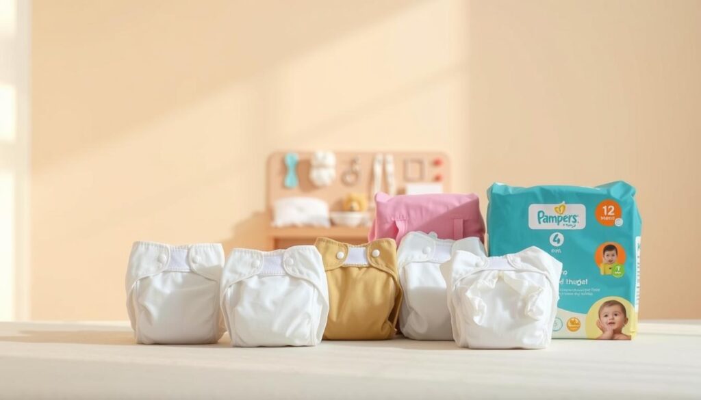 A neatly arranged display of top-rated newborn diapers against a soft, neutral-toned background. The diapers are presented in the foreground, showcasing their high-quality materials and modern designs. The middle ground features a subtle, out-of-focus arrangement of baby care accessories, hinting at the comprehensive nature of the product selection. The background maintains a minimalist, clean aesthetic, allowing the diapers to take center stage. Warm, natural lighting gently illuminates the scene, creating a sense of comfort and care. The overall composition conveys a sense of trust, reliability, and attention to detail - the key attributes of the best diaper products.