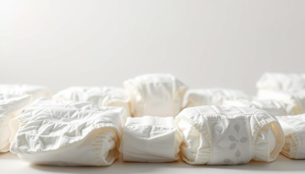 A pristine array of high-quality baby diapers, illuminated by soft, diffused lighting that highlights their impeccable design and materials. The diapers are neatly arranged in the foreground, showcasing their superior absorbency, comfort, and breathability. In the middle ground, delicate patterns and textures emerge, hinting at the thoughtful engineering behind each diaper. The background features a clean, minimalist setting, allowing the diapers to take center stage and showcase their exceptional quality. The overall composition conveys a sense of reliability, trust, and attention to detail, reflecting the key features of the best diaper products on the market.