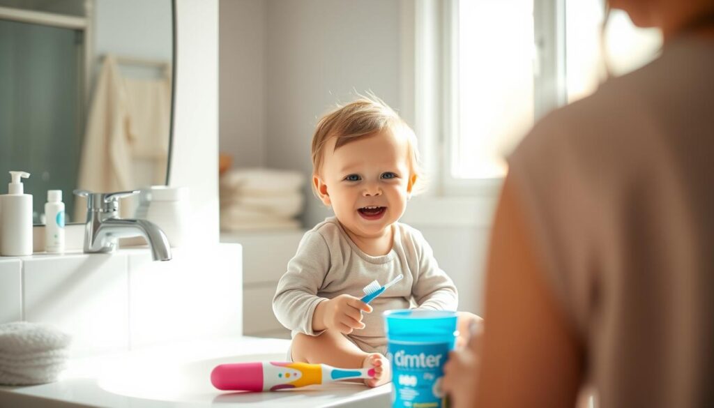 A serene, well-lit bathroom scene with a small child sitting on a bathroom counter, engaged in a gentle baby oral care routine. The child is surrounded by colorful, age-appropriate dental care products, including a soft-bristled toothbrush, toothpaste, and a small cup of water. Warm, natural lighting filters in through a window, casting a soothing glow on the scene. The child's expression is one of curiosity and contentment, as a caring parent or guardian guides them through the process. The overall atmosphere is calm, nurturing, and focused on establishing healthy oral hygiene habits from an early age.