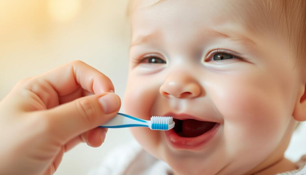 A soft, warm-lit portrait of a smiling baby's face, with a parent's hand gently brushing the baby's teeth using a small, age-appropriate toothbrush. The parent's hand is in the foreground, with the baby's face in focus in the middle ground, against a blurred, cozy background. The lighting is gentle, creating a serene, nurturing atmosphere that emphasizes the importance of early dental care. The image conveys the tenderness and care involved in establishing good oral hygiene habits from an early age.