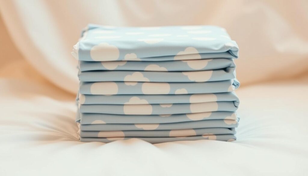 A stack of Huggies Little Snugglers baby diapers, neatly arranged on a soft, white background. The diapers have a classic blue and white design, with gentle, cloud-like patterns across the surface. The lighting is warm and diffused, creating a soothing, inviting atmosphere. The diapers are shown from a slightly elevated angle, allowing the viewer to appreciate the attention to detail in the product's design. The overall composition is clean, minimalist, and showcases the high-quality, soft, and comfortable nature of the Huggies Little Snugglers diapers.