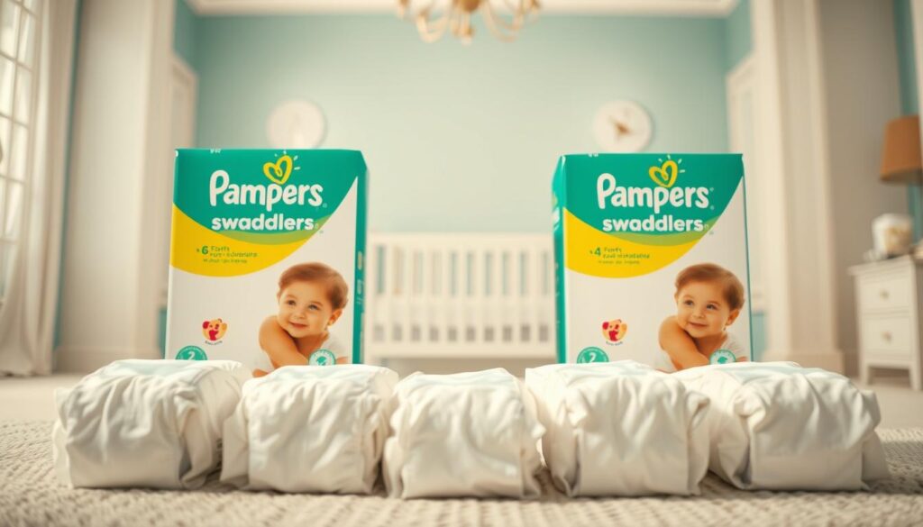 A visually stunning and sharply detailed image of Pampers Swaddlers disposable baby diapers. The diapers are arranged in the foreground, showcasing their soft, absorbent material and comfortable fit. The middle ground features a clean, well-lit setting with a neutral color palette, allowing the diapers to take center stage. The background subtly hints at a nursery-like atmosphere, with gentle lighting and a soothing, calming ambiance. The overall composition is crisp, professional, and highlights the high-quality, reliable nature of the Pampers Swaddlers brand. The image is captured with a wide-angle lens, providing a comprehensive and visually appealing representation of the product.