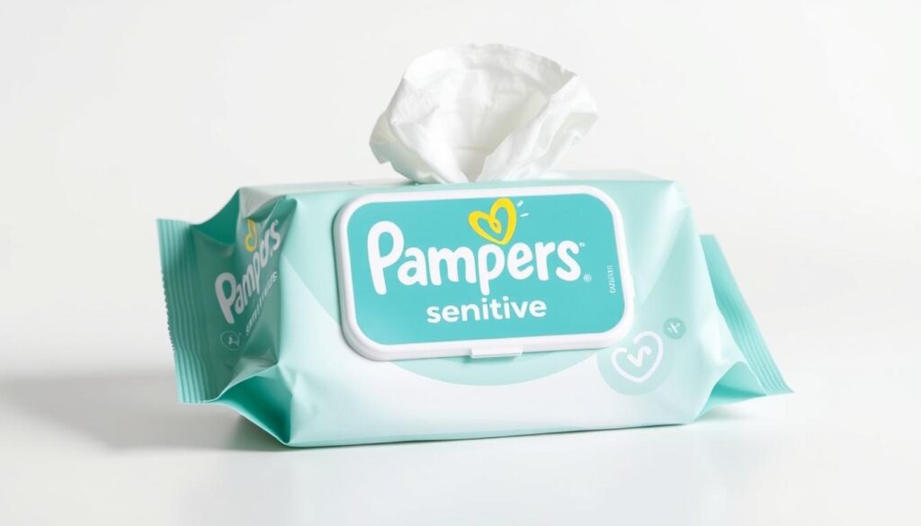 Pampers Sensitive Water-Based Baby Wipes, a soft and gentle solution for delicate skin. Crisp, high-resolution image of a package of wipes against a clean, bright background. The wipes themselves are prominently displayed, with a soft, diffused lighting highlighting their plush, moist texture. The packaging is sleek and minimalist, showcasing the Pampers logo and branding in a subtle, tasteful manner. The overall scene exudes a sense of quality, care, and attention to detail, reflecting the product's purpose of soothing and protecting a baby's sensitive skin.