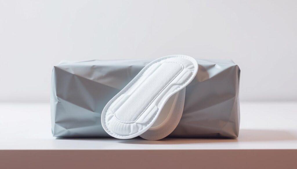 A pack of overnight sanitary pads, neatly arranged on a crisp white surface. The pads have a subtle sheen, reflecting the soft, diffused lighting that illuminates the scene. In the background, a muted, pastel-toned backdrop adds a sense of tranquility and calmness. The composition is clean, minimalist, and focuses the viewer's attention solely on the product, conveying a sense of dependability and discreet protection for heavy flow days. The overall mood is one of understated elegance and confidence, reflecting the intended use of the product.
