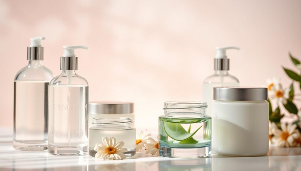 A serene, soft-focus image of an array of delicate, pH-balanced intimate cleansers. The foreground features a selection of elegant glass bottles and jars, their contents gently reflecting the light. The middle ground showcases the products' natural, soothing ingredients like aloe vera, chamomile, and vitamin E, while the background depicts a calming, pastel-hued backdrop, evoking a sense of tranquility and care. The lighting is diffused and flattering, creating a high-end, spa-like atmosphere. The overall composition is visually balanced and inviting, highlighting the products' gentle, nourishing properties.