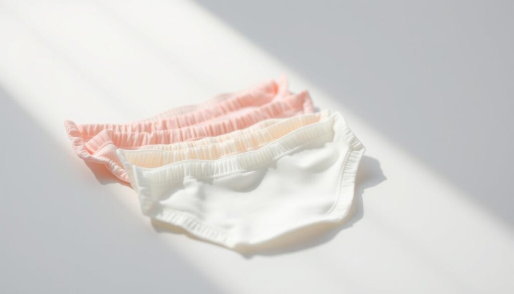 A softly lit, close-up photograph of a selection of high-quality, individually wrapped panty liners in soft, pastel shades, placed delicately on a clean, white background. The liners are arranged in a natural, organic composition, with slight variations in orientation and spacing to create a visually appealing, minimal aesthetic. Soft, diffused lighting illuminates the products from above, casting gentle shadows and highlighting the subtle textures and materials. The overall mood is one of simplicity, cleanliness, and femininity, conveying a sense of daily care and personal comfort.