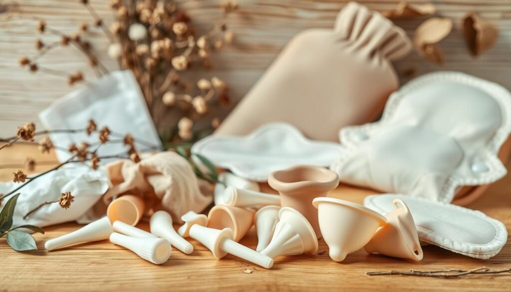 A still life arrangement of organic feminine care products on a natural, wooden surface. In the foreground, an assortment of tampons, pads, and menstrual cups in neutral, earthy tones. In the middle ground, reusable cloth pads and a hot water bottle. In the background, dried flowers, leaves, and soft, diffused lighting create a soothing, natural atmosphere. The image conveys a sense of care, comfort, and eco-consciousness, reflecting the ethos of the "Organic and Eco-Friendly Feminine Care Products" section.