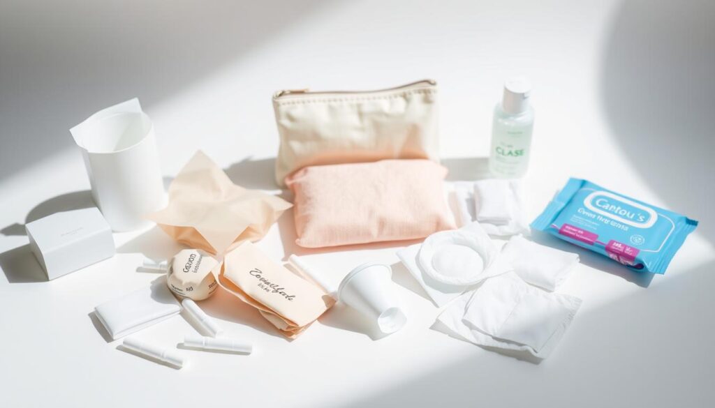 A still life arrangement of various feminine hygiene products arranged on a plain white background, with soft, natural lighting highlighting their contours. The foreground features a selection of tampons, pads, and panty liners in discreet, neutral packaging. The middle ground showcases a reusable menstrual cup and a small, minimalist pouch for carrying essentials. In the background, a few individually wrapped wipes and a small travel-sized bottle of cleansing solution complete the scene, conveying a sense of convenience and versatility for on-the-go feminine care needs.