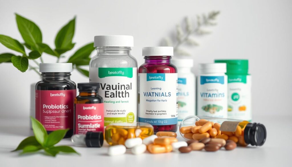 A well-lit, close-up photograph of an assortment of high-quality vaginal health supplements, including probiotics, vitamins, and herbal supplements, arranged neatly on a white background. The supplements should be presented in a clean, modern, and visually appealing manner, with a focus on the texture, color, and shape of the individual products. The lighting should be soft and diffused, creating a sense of calm and relaxation, and the depth of field should be shallow to draw the viewer's attention to the main subject matter. The overall mood should be one of trust, professionalism, and a commitment to women's health and wellness.