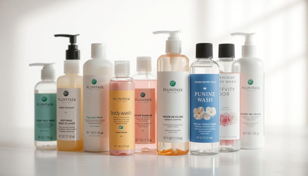 A well-lit, close-up view of an assortment of body wash bottles and containers, arranged on a clean, minimalist surface. The bottles feature various pastel and neutral color schemes, with labels and designs that convey a sense of freshness, purity, and odor control. The lighting is soft and diffused, creating a calming, almost spa-like atmosphere. The bottles are positioned to showcase their unique shapes, textures, and packaging details, highlighting the specialized nature of these body washes for feminine care and odor management. The background is slightly blurred, keeping the focus on the carefully curated selection of products.