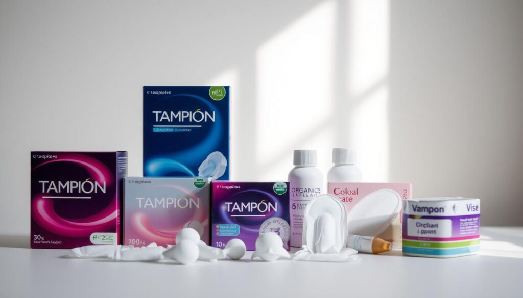 A well-lit, high-quality still life scene showcasing an assortment of feminine health and hygiene products. In the foreground, a variety of neatly arranged tampon boxes, menstrual pads, and organic lubricants against a soft, blurred background. Diffused natural lighting from the side creates subtle shadows and highlights the texture and materials of the products. The overall mood is clean, modern, and informative, emphasizing the importance of using quality, safe, and effective feminine care items for one's health and wellbeing.