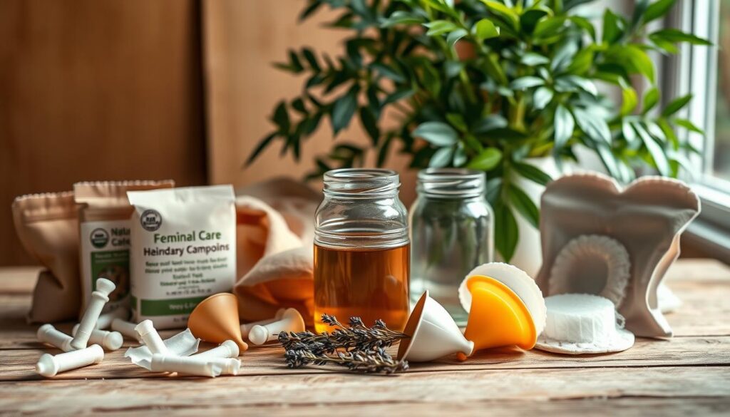 a still life of natural feminine care products arranged on a wooden surface, with soft natural lighting illuminating the scene. In the foreground, an assortment of organic cotton tampons, biodegradable pads, and reusable menstrual cups in earthy tones are displayed. In the middle ground, a glass jar filled with soothing herbal tea and a small bundle of dried lavender create a calming ambiance. In the background, a lush green plant and a warm, rustic-inspired backdrop evoke a sense of wellness and connection with nature. The overall composition showcases the evolution of feminine care products, emphasizing their natural, sustainable, and holistic approach to personal care.